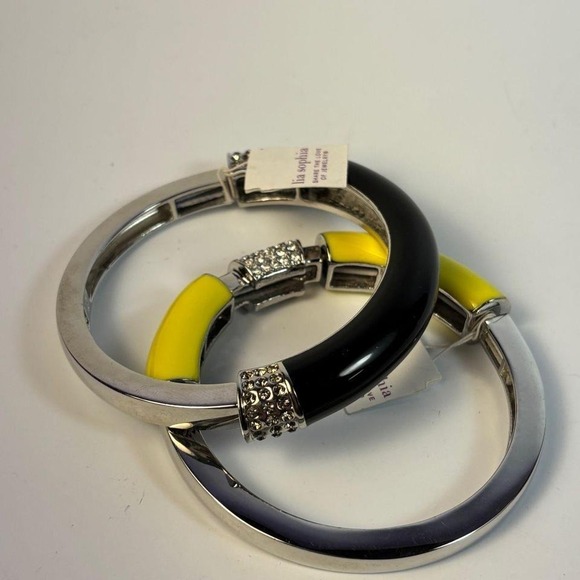 Preppy Glam Lia Sophia Bangles Black Yellow Enamel Rhinestones - Picture 3 of 5